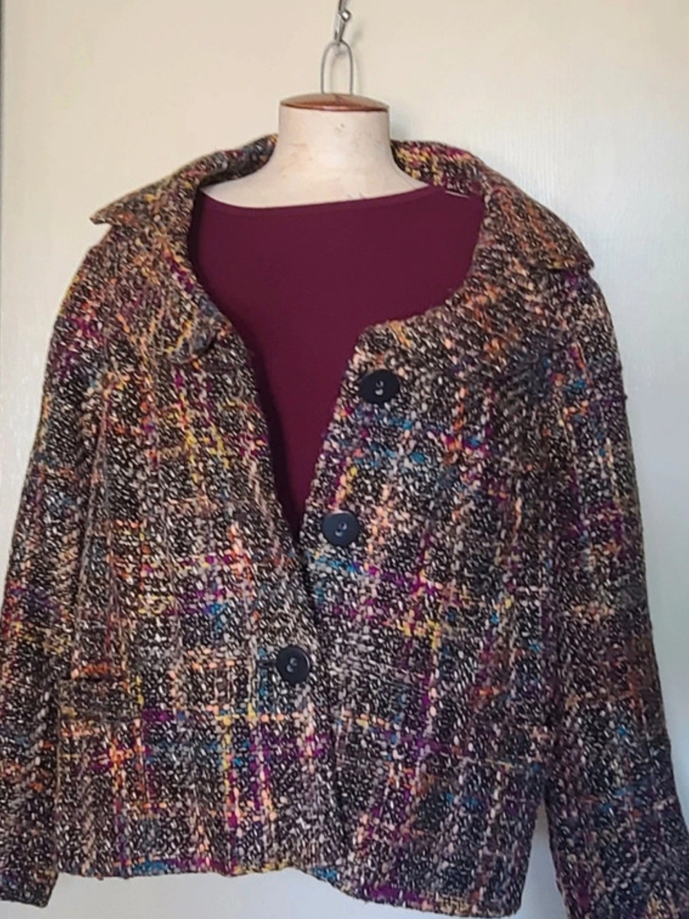 Multicolor Tweed Women's Jacket - Casual Collared Coat